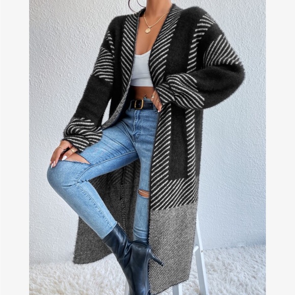 Oversized Color Block Stripes Fuzzy Open Front Duster Sweater Cardigan - Picture 6 of 15